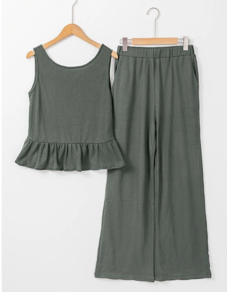 Duffel Green Solid Color Ribbed Ruffle Tank Top and Pants Set