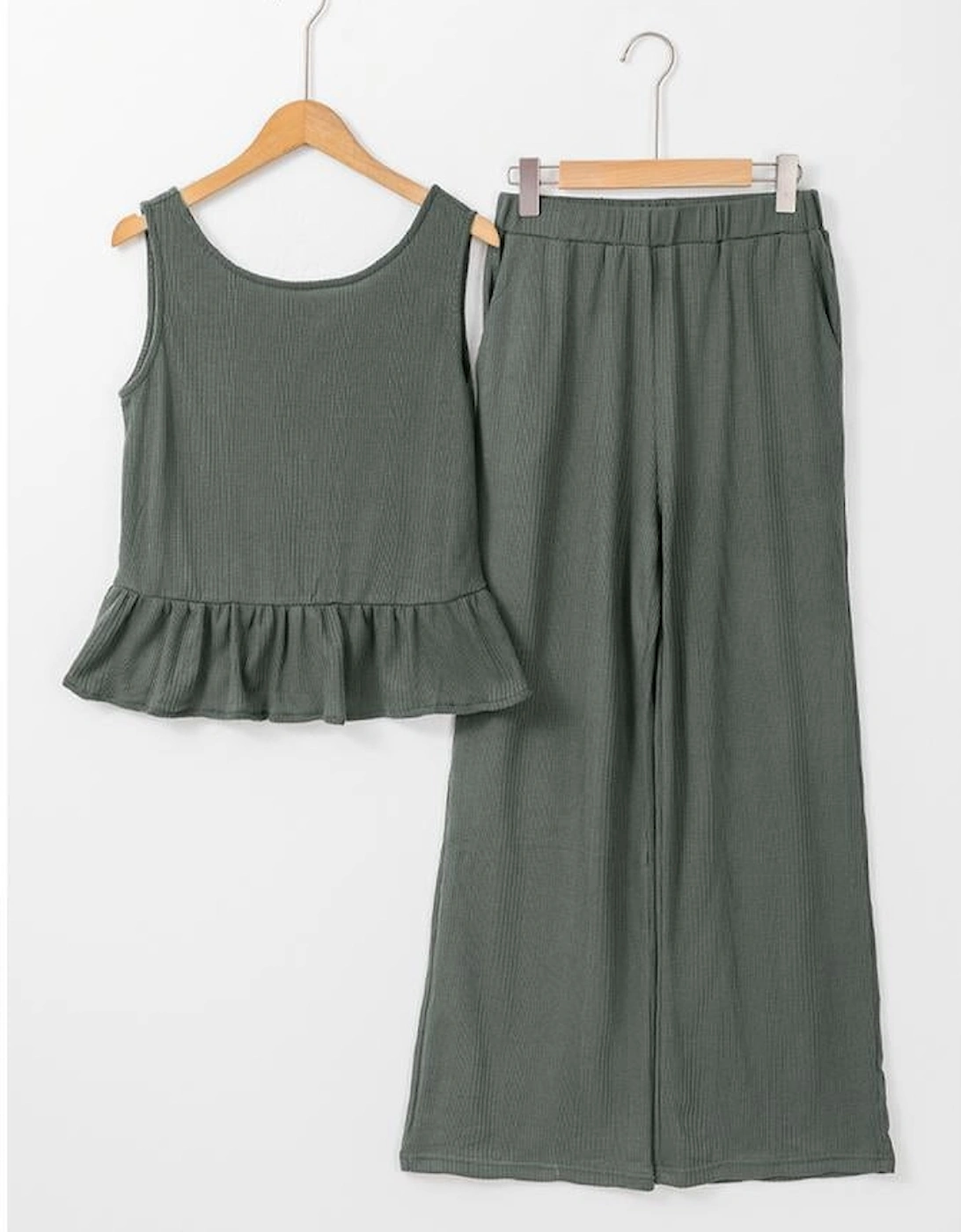 Duffel Green Solid Color Ribbed Ruffle Tank Top and Pants Set