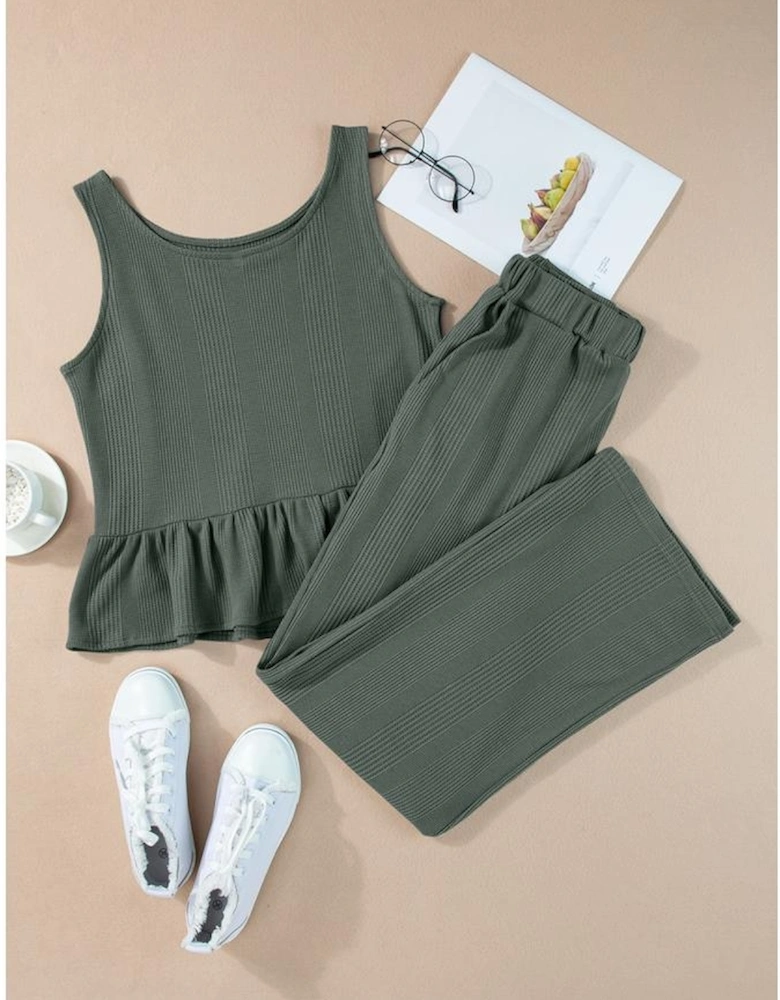 Duffel Green Solid Color Ribbed Ruffle Tank Top and Pants Set