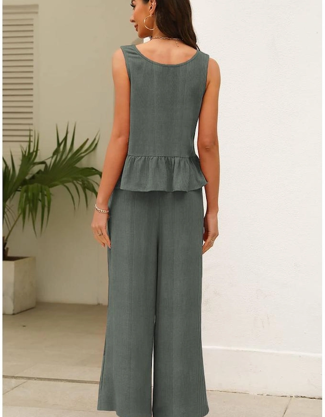 Duffel Green Solid Color Ribbed Ruffle Tank Top and Pants Set, 16 of 15