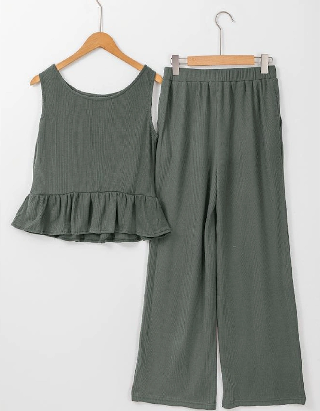 Duffel Green Solid Color Ribbed Ruffle Tank Top and Pants Set