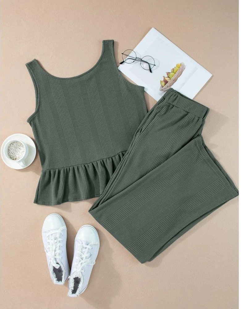 Duffel Green Solid Color Ribbed Ruffle Tank Top and Pants Set