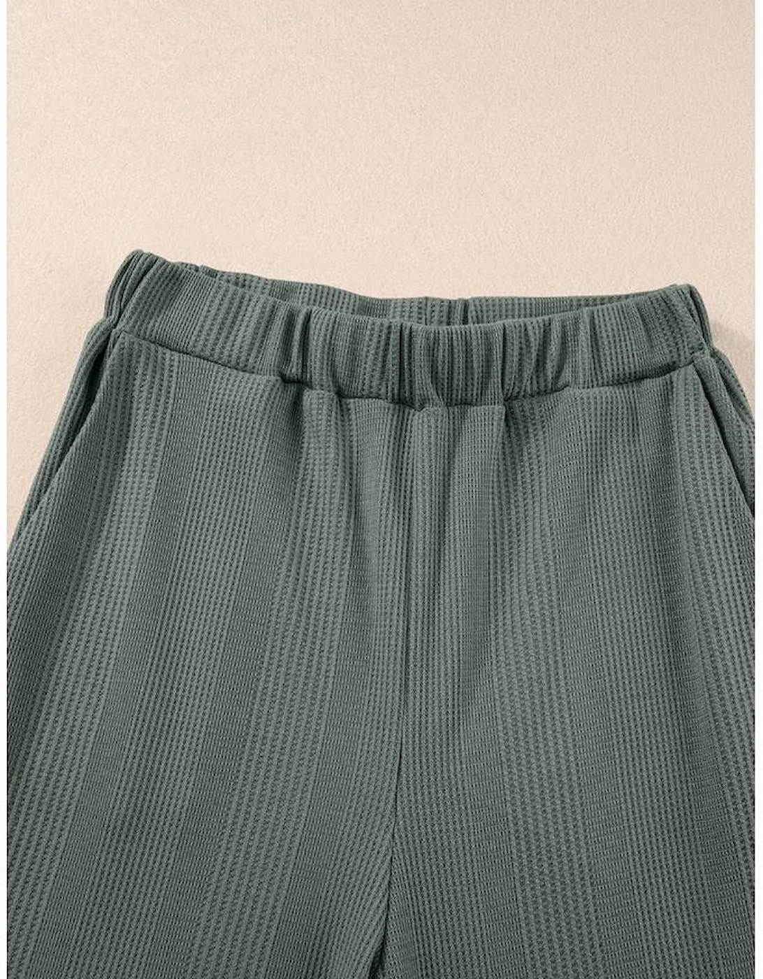 Duffel Green Solid Color Ribbed Ruffle Tank Top and Pants Set