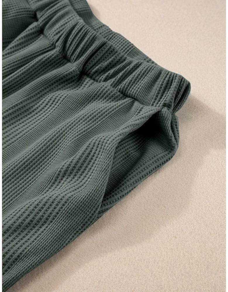 Duffel Green Solid Color Ribbed Ruffle Tank Top and Pants Set