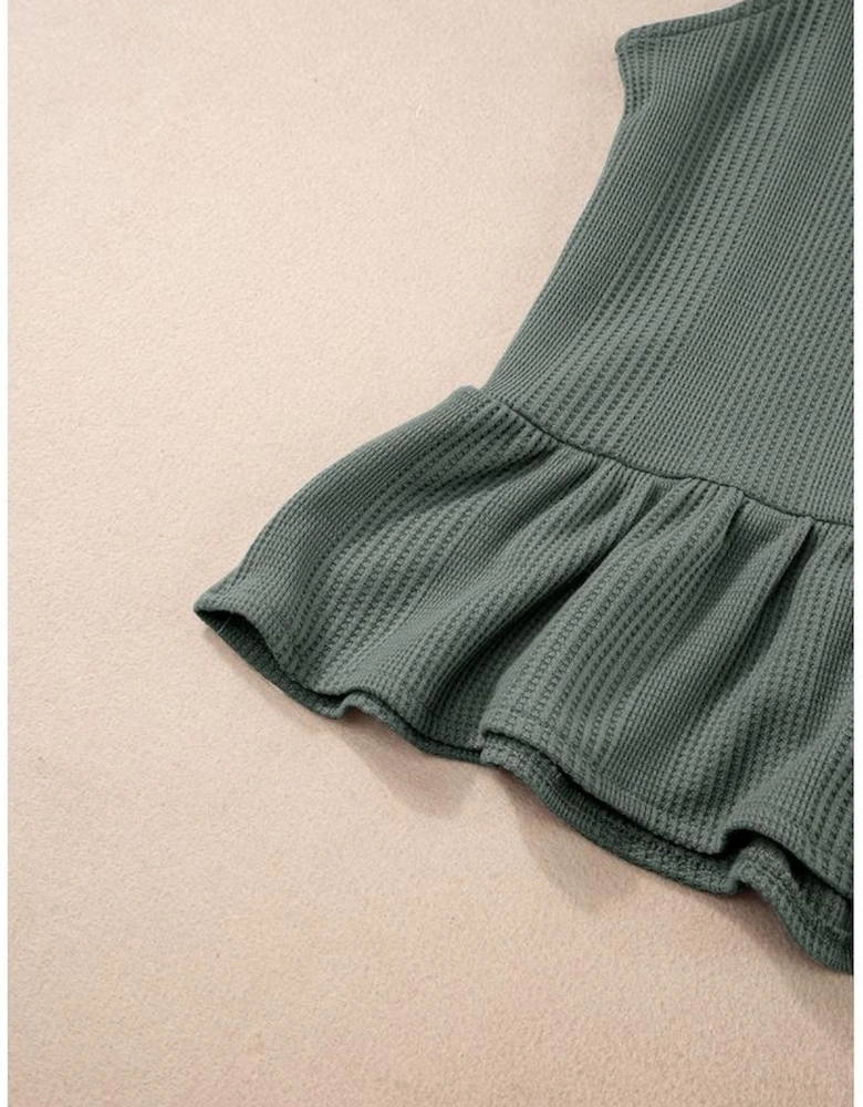 Duffel Green Solid Color Ribbed Ruffle Tank Top and Pants Set