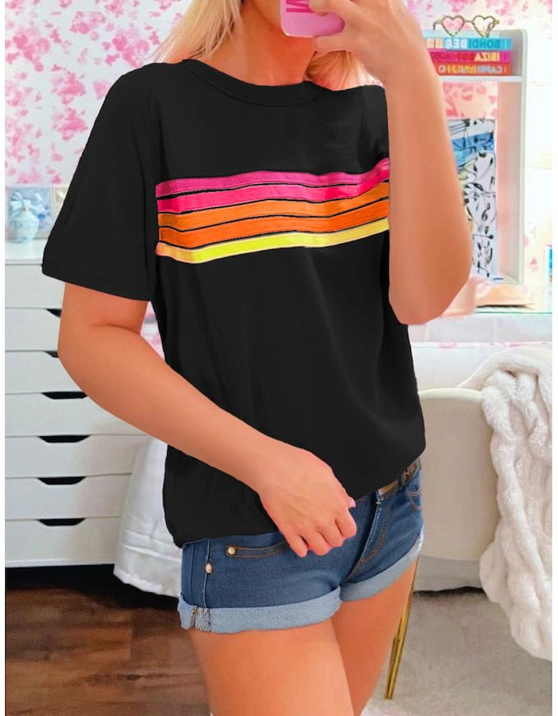 Black Striped Patch Front Casual Tee, 11 of 10