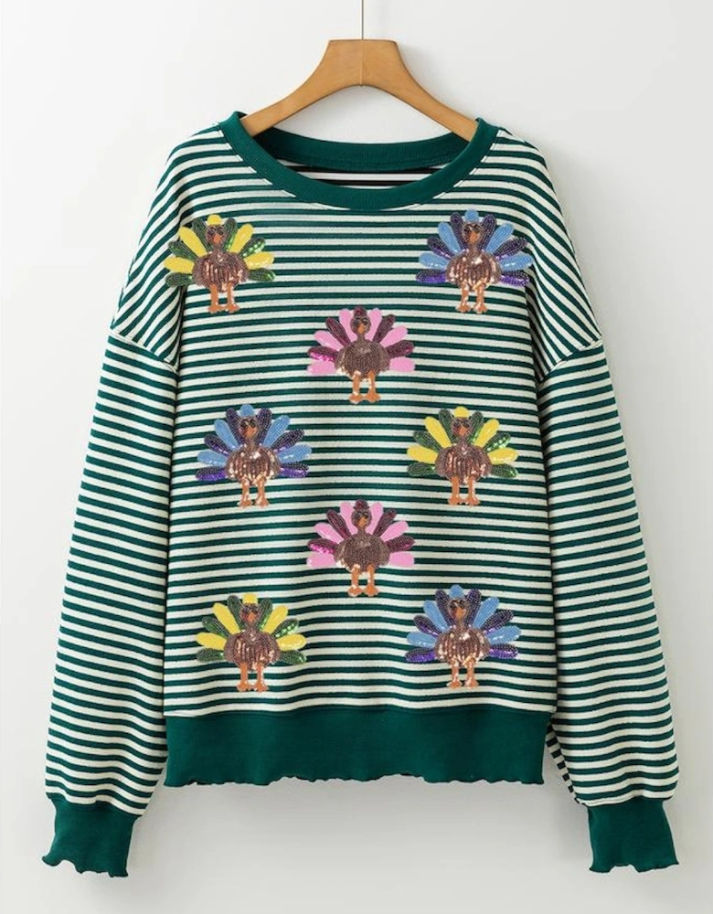 Green Stripe Turkey Pattern Drop Shoulder Pullover Top