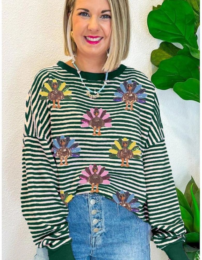 Green Stripe Turkey Pattern Drop Shoulder Pullover Top