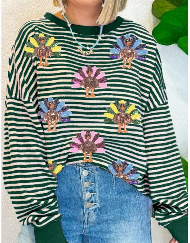 Green Stripe Turkey Pattern Drop Shoulder Pullover Top