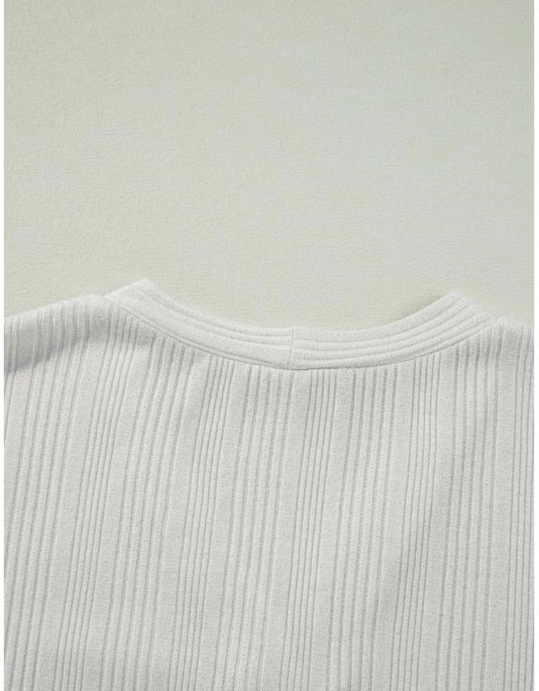 White Solid Color Ribbed Button up Tunic Cardigan