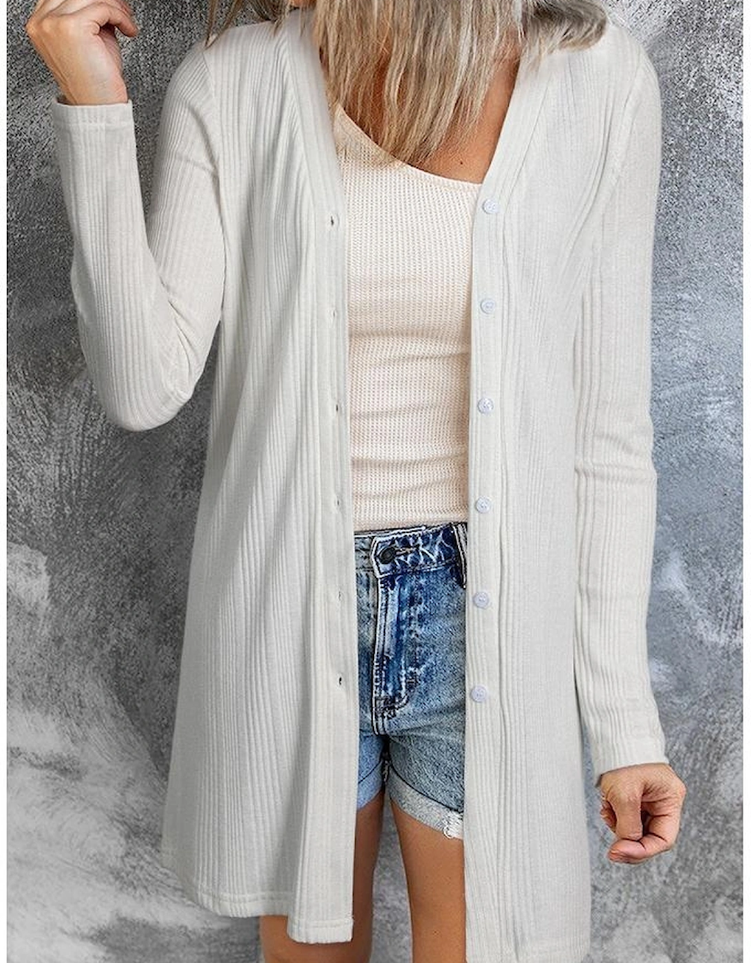 White Solid Color Ribbed Button up Tunic Cardigan