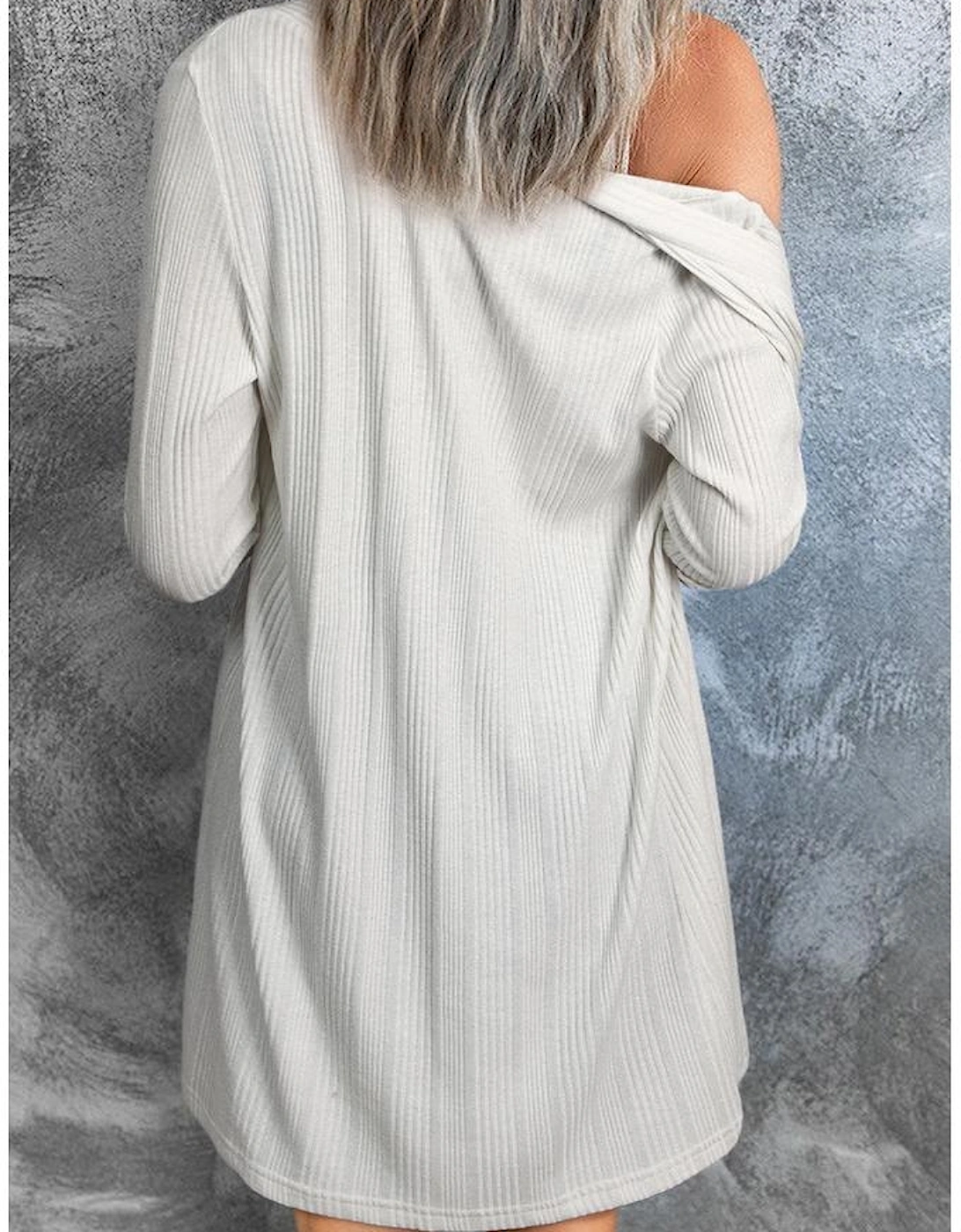 White Solid Color Ribbed Button up Tunic Cardigan