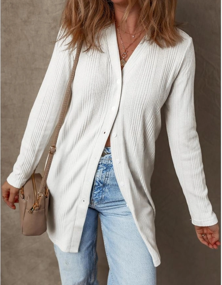 White Solid Color Ribbed Button up Tunic Cardigan