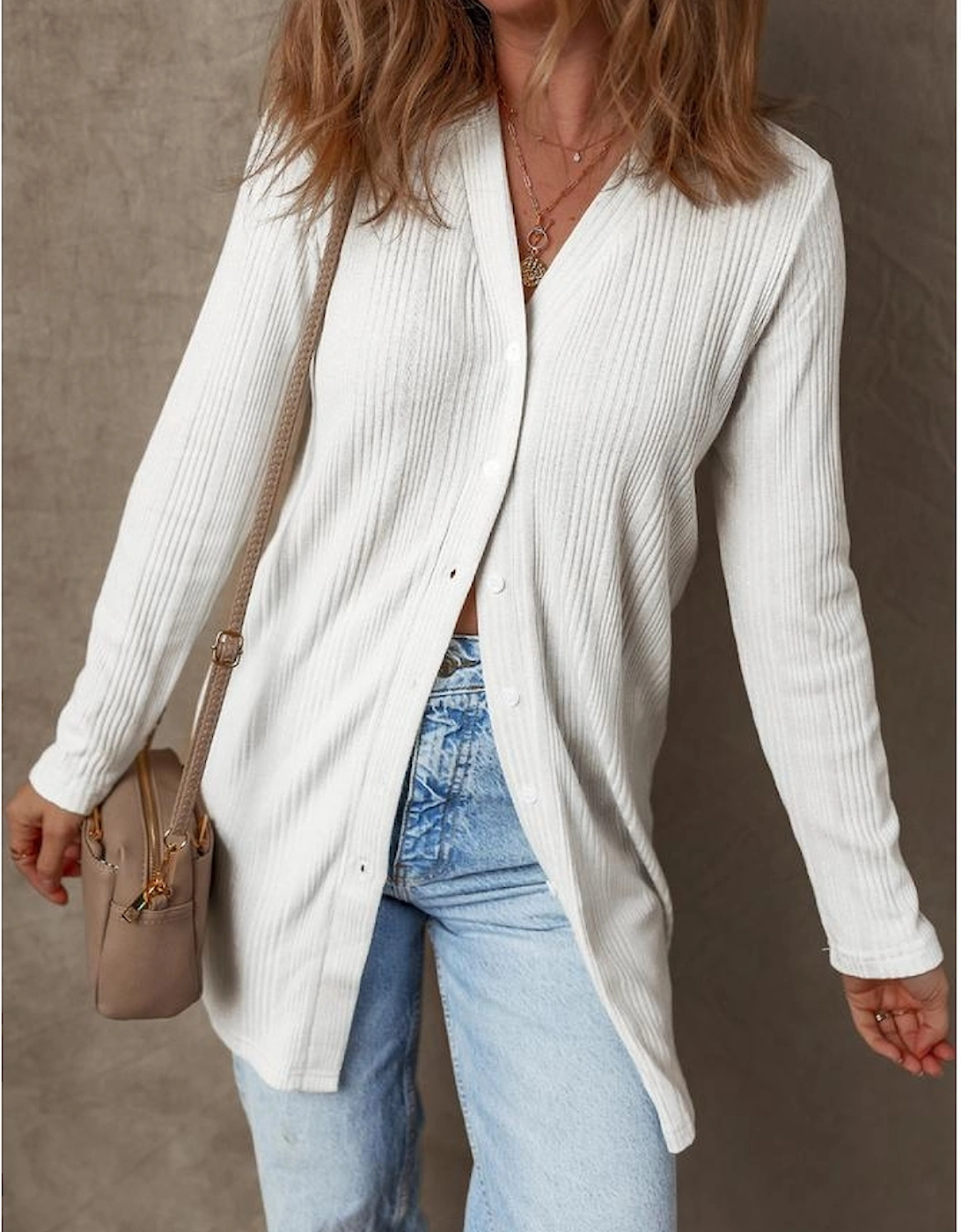 White Solid Color Ribbed Button up Tunic Cardigan
