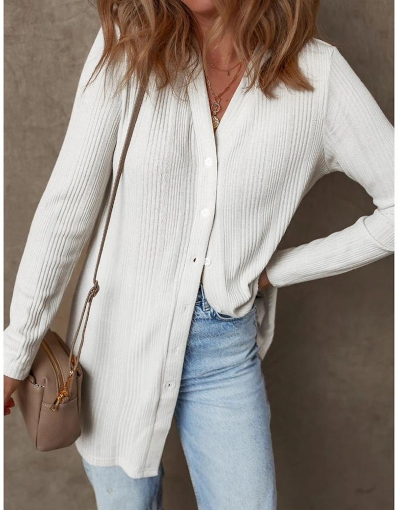 White Solid Color Ribbed Button up Tunic Cardigan