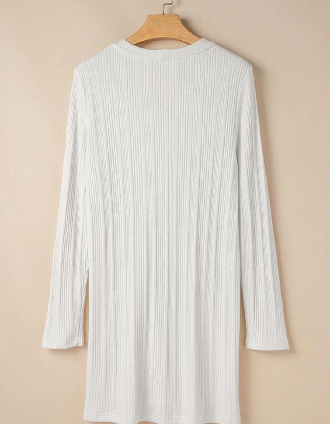 White Solid Color Ribbed Button up Tunic Cardigan