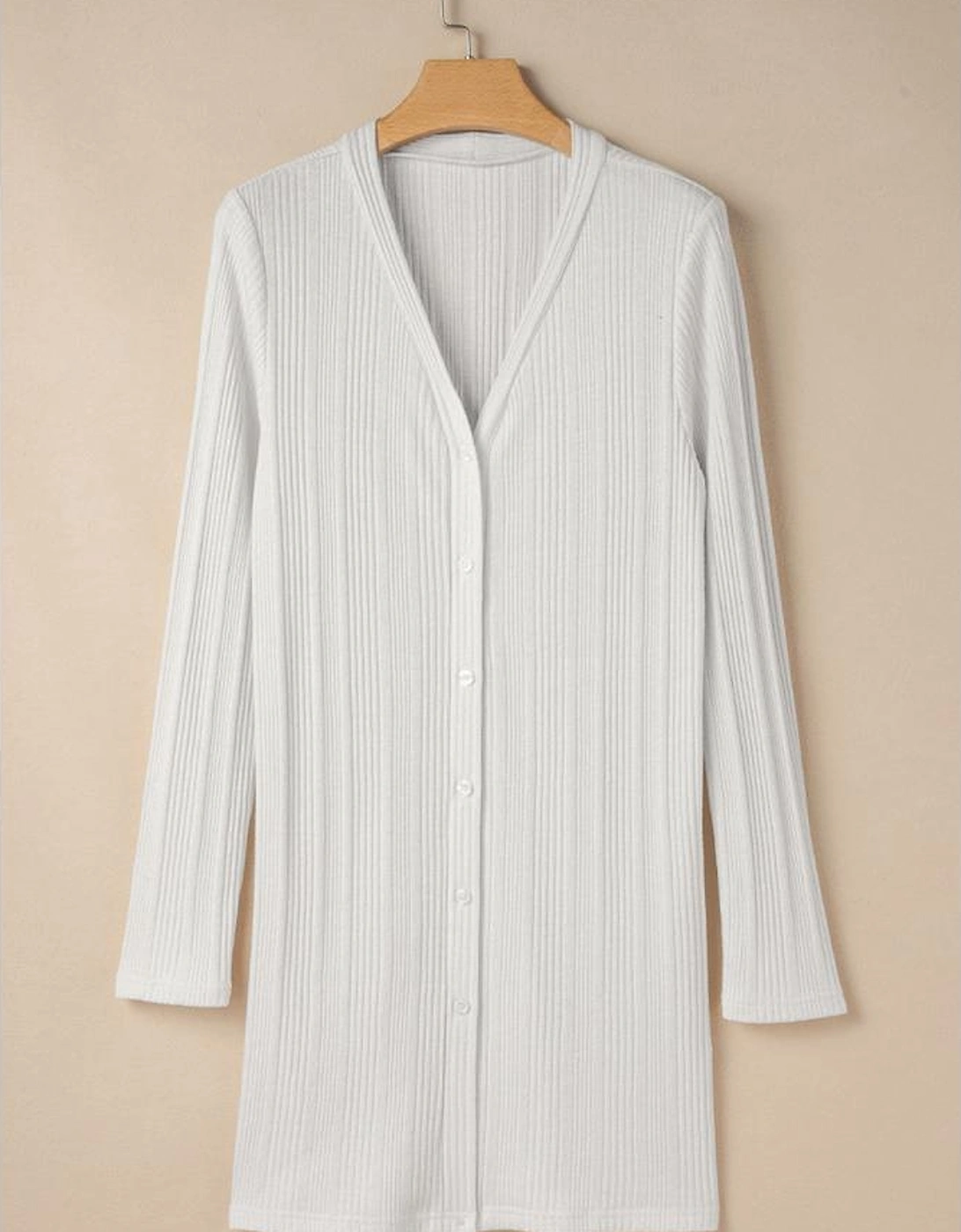 White Solid Color Ribbed Button up Tunic Cardigan