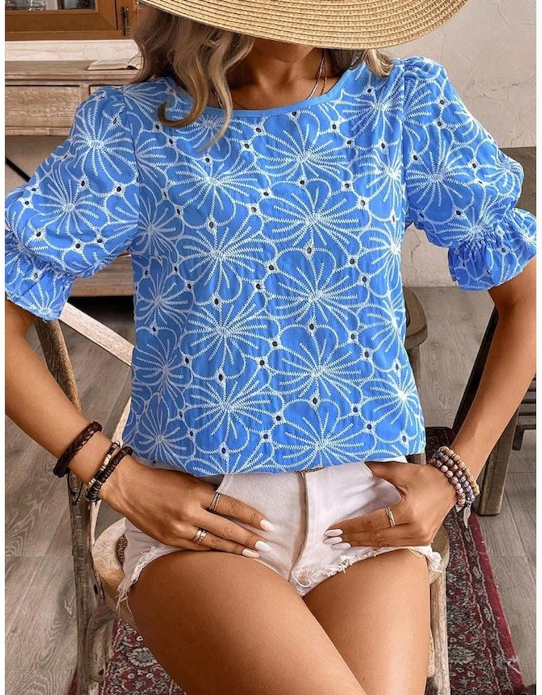 Sky Blue Eyelet Flower Embroidery Frilled Short Puff Sleeve Blouse