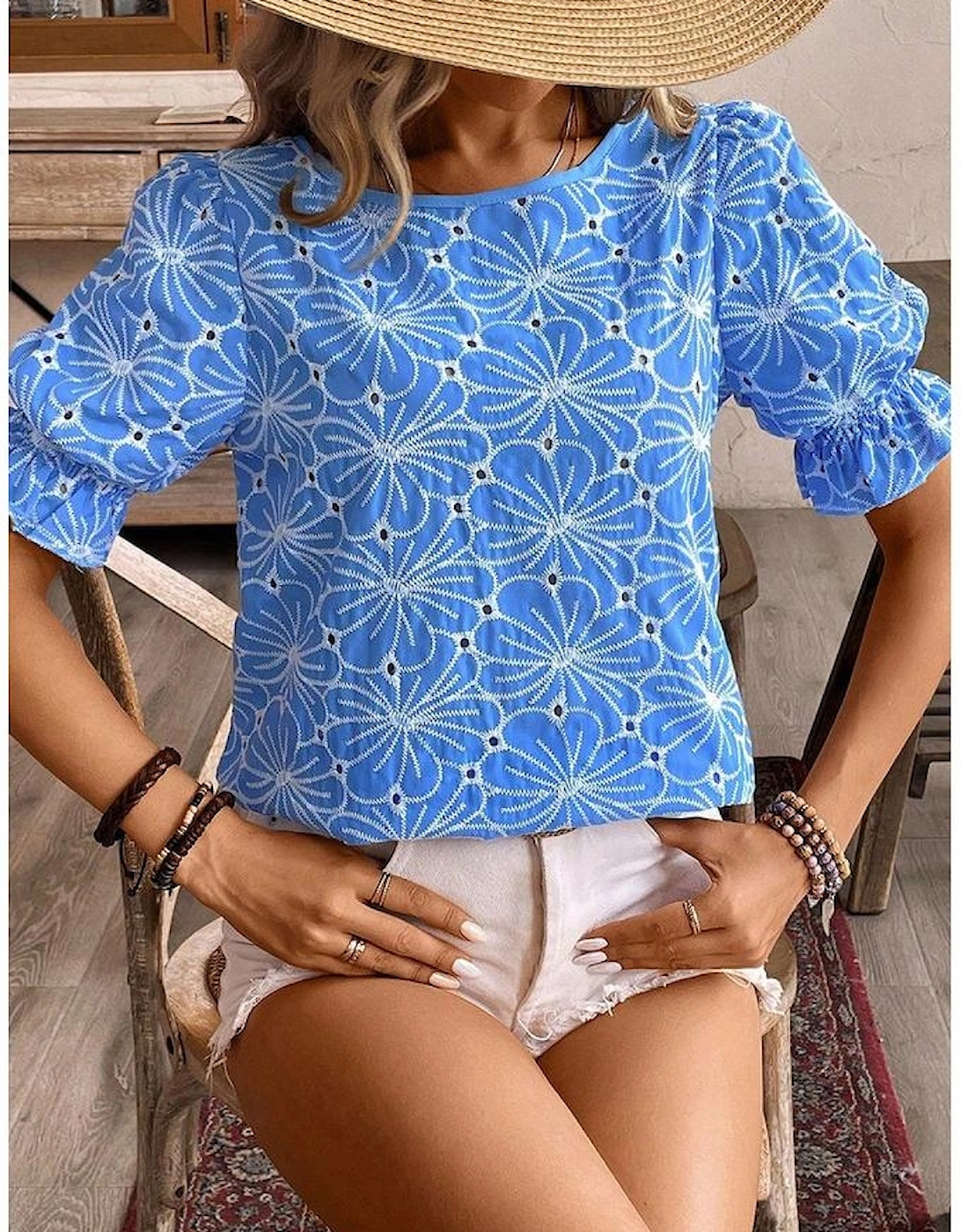 Sky Blue Eyelet Flower Embroidery Frilled Short Puff Sleeve Blouse