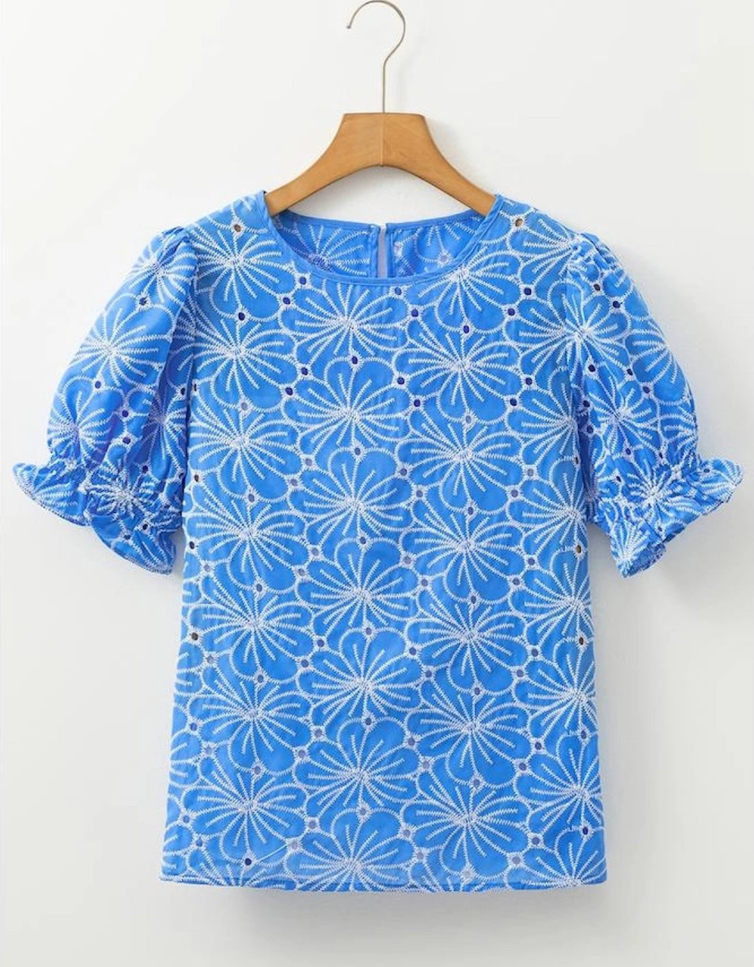 Sky Blue Eyelet Flower Embroidery Frilled Short Puff Sleeve Blouse