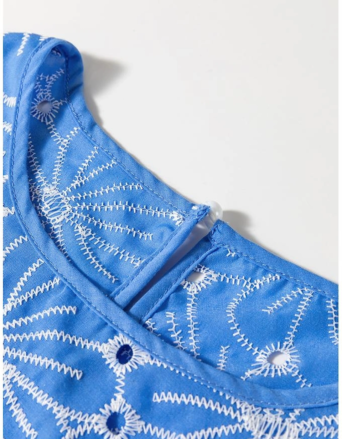 Sky Blue Eyelet Flower Embroidery Frilled Short Puff Sleeve Blouse