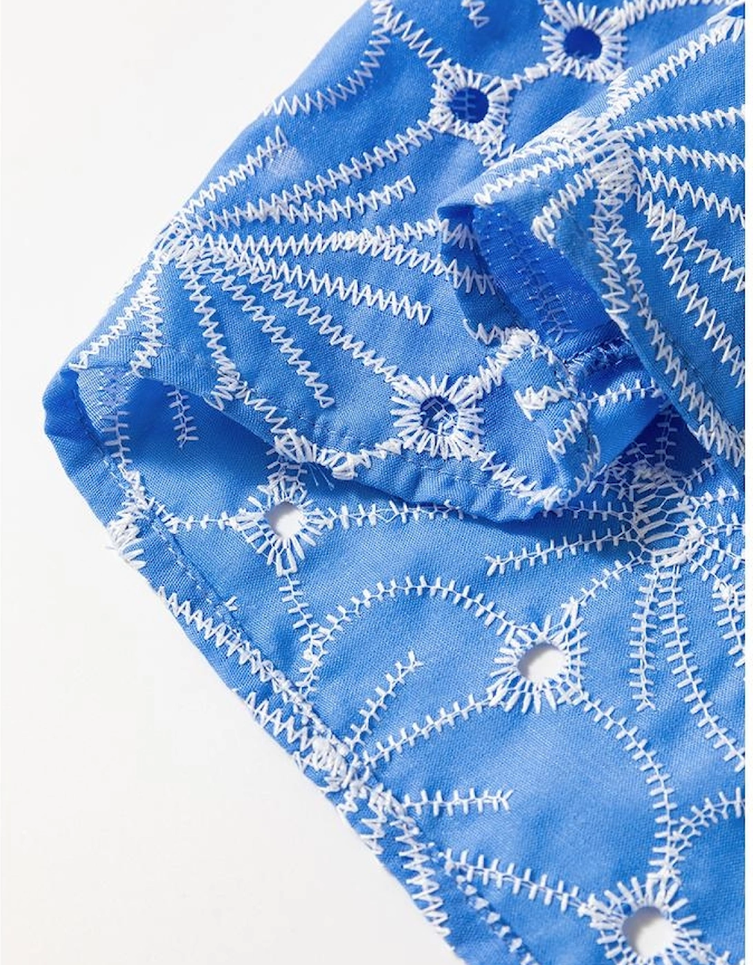 Sky Blue Eyelet Flower Embroidery Frilled Short Puff Sleeve Blouse