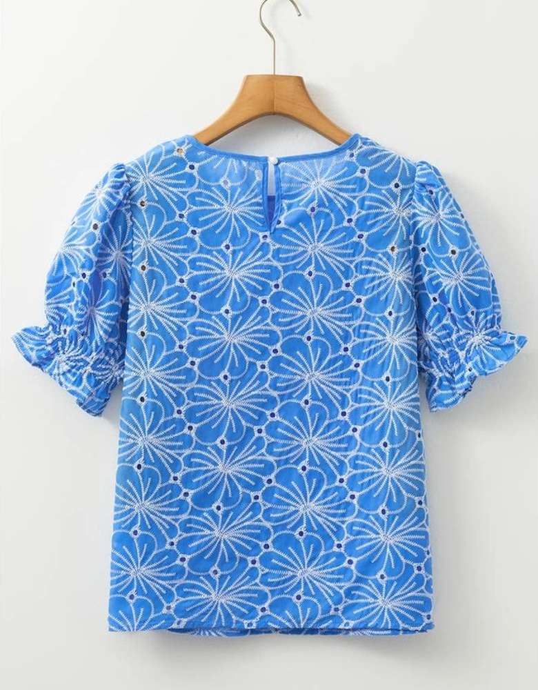 Sky Blue Eyelet Flower Embroidery Frilled Short Puff Sleeve Blouse