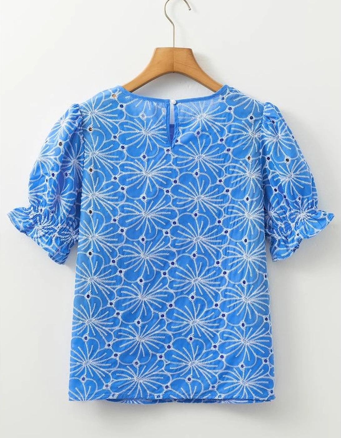 Sky Blue Eyelet Flower Embroidery Frilled Short Puff Sleeve Blouse