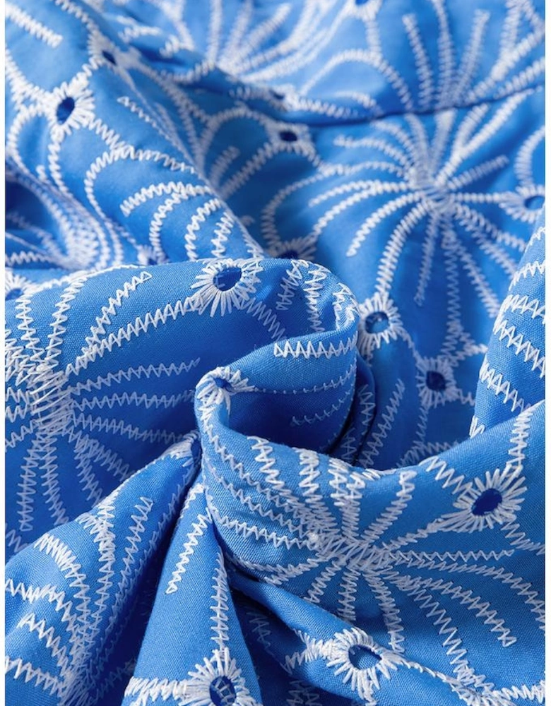 Sky Blue Eyelet Flower Embroidery Frilled Short Puff Sleeve Blouse