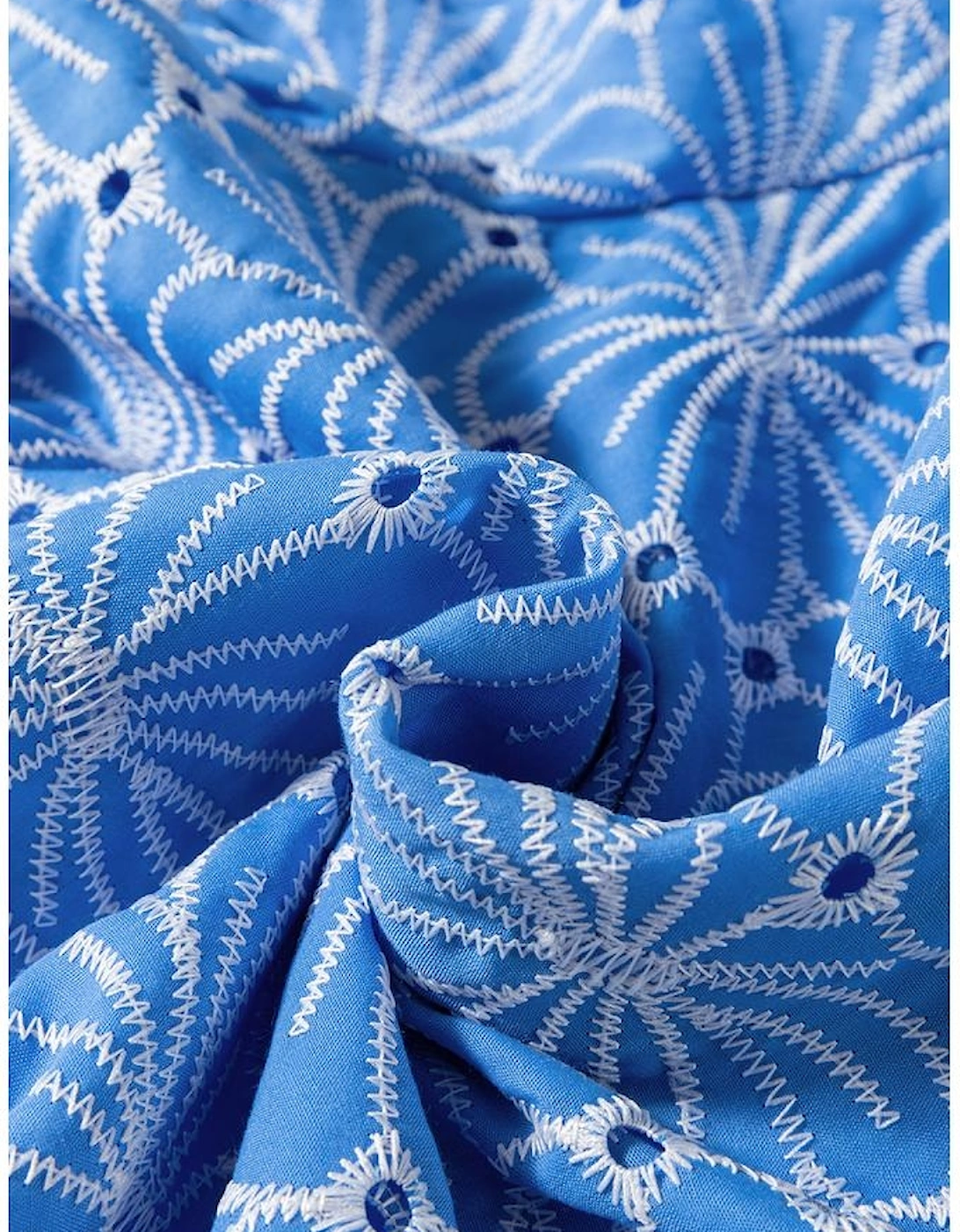 Sky Blue Eyelet Flower Embroidery Frilled Short Puff Sleeve Blouse