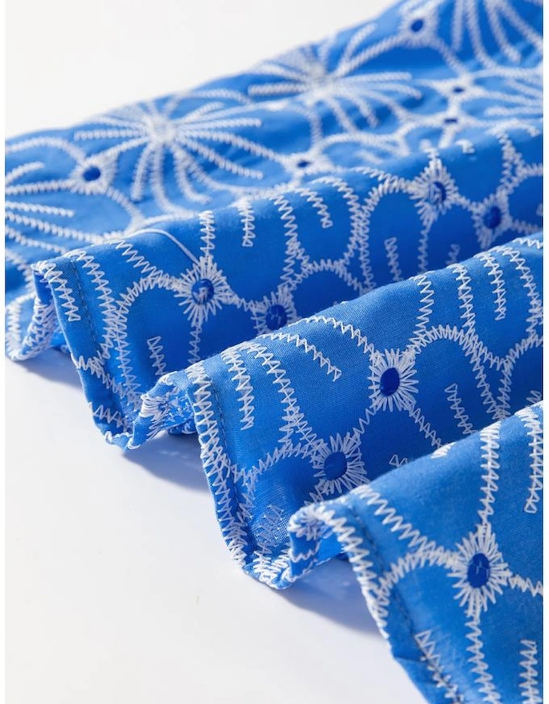 Sky Blue Eyelet Flower Embroidery Frilled Short Puff Sleeve Blouse