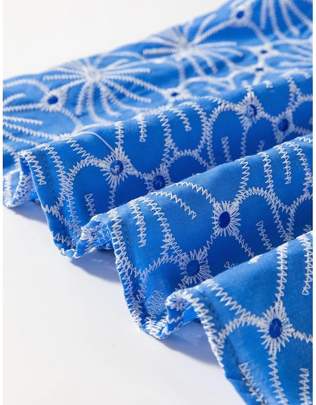 Sky Blue Eyelet Flower Embroidery Frilled Short Puff Sleeve Blouse