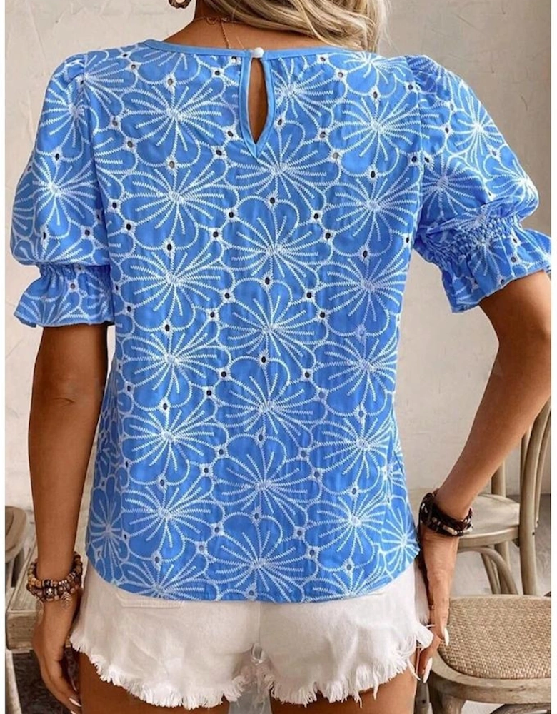 Sky Blue Eyelet Flower Embroidery Frilled Short Puff Sleeve Blouse