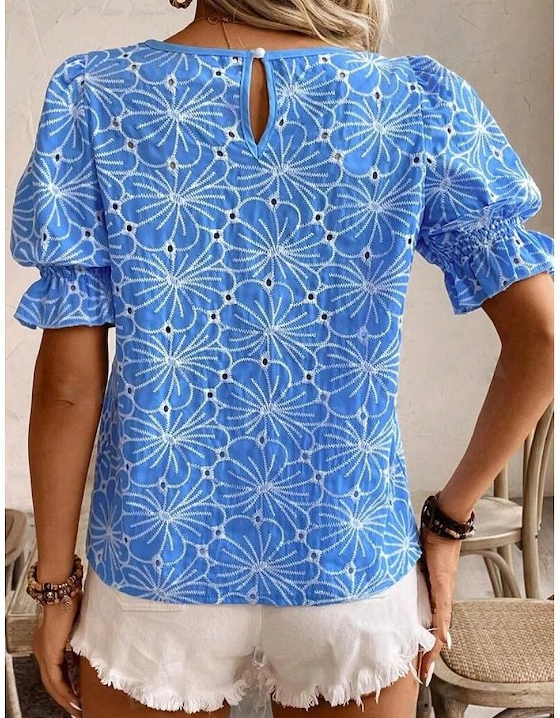 Sky Blue Eyelet Flower Embroidery Frilled Short Puff Sleeve Blouse, 13 of 12