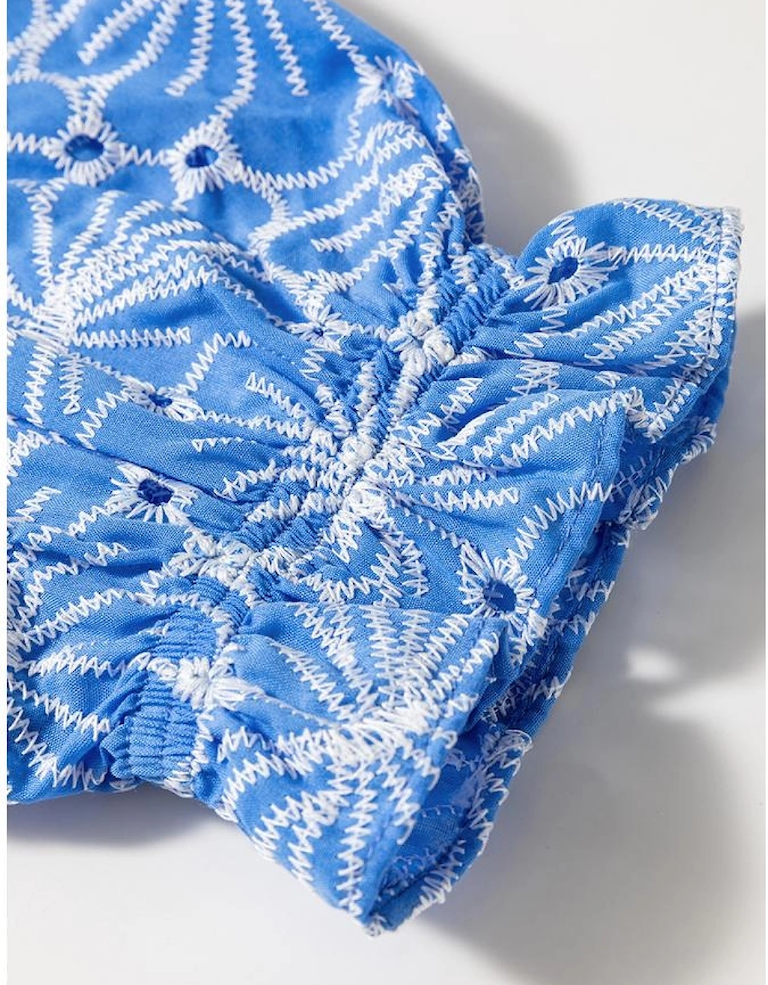 Sky Blue Eyelet Flower Embroidery Frilled Short Puff Sleeve Blouse