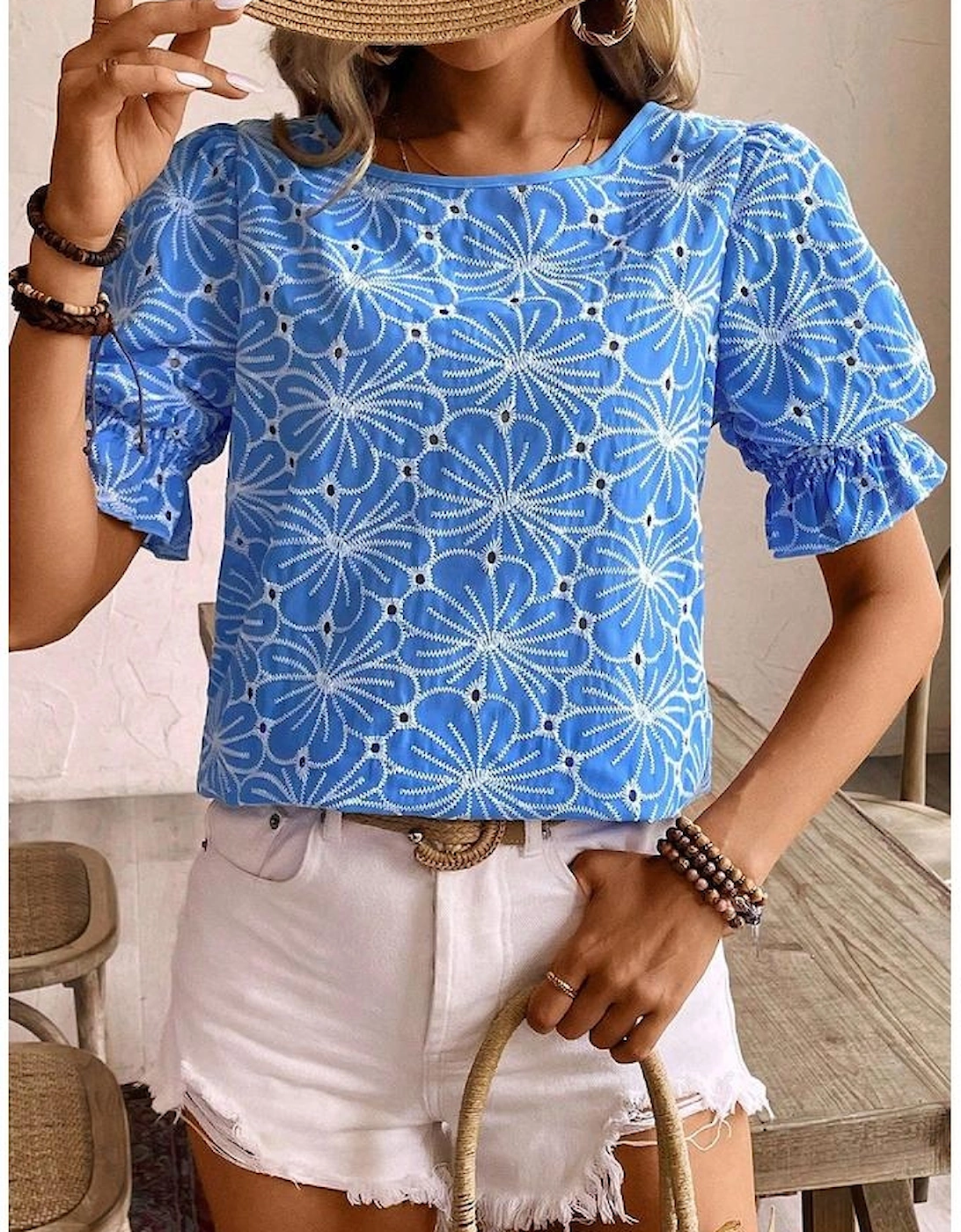 Sky Blue Eyelet Flower Embroidery Frilled Short Puff Sleeve Blouse