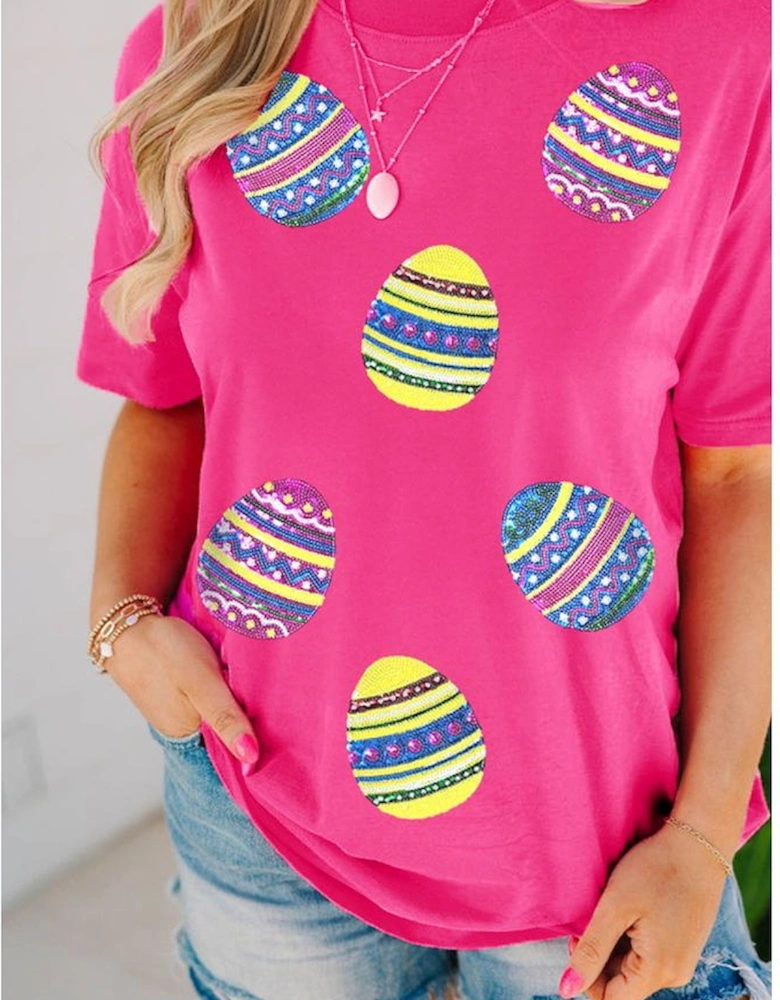 Rose Red Sequin Easter Egg Graphic Casual T Shirt