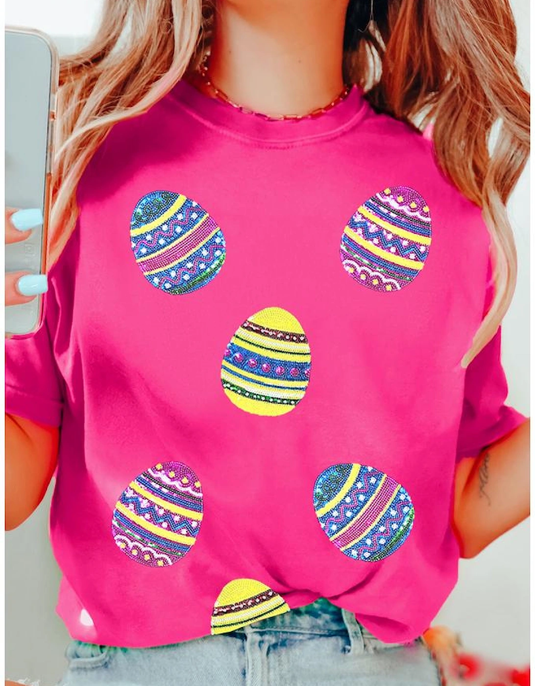 Rose Red Sequin Easter Egg Graphic Casual T Shirt