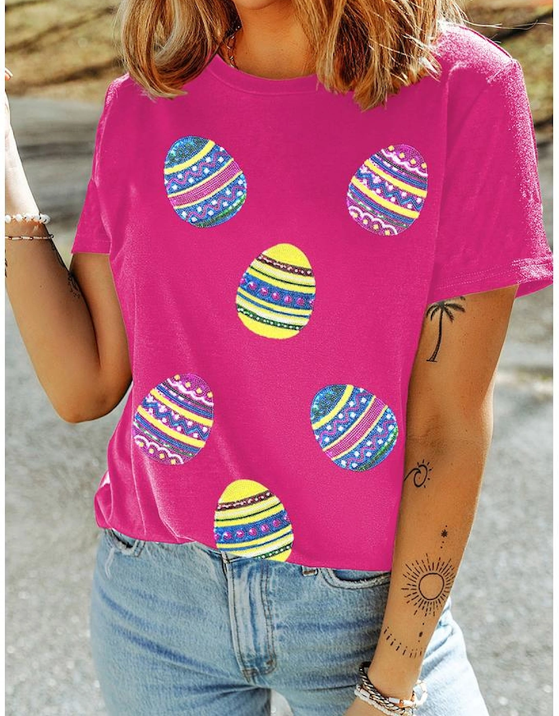 Rose Red Sequin Easter Egg Graphic Casual T Shirt