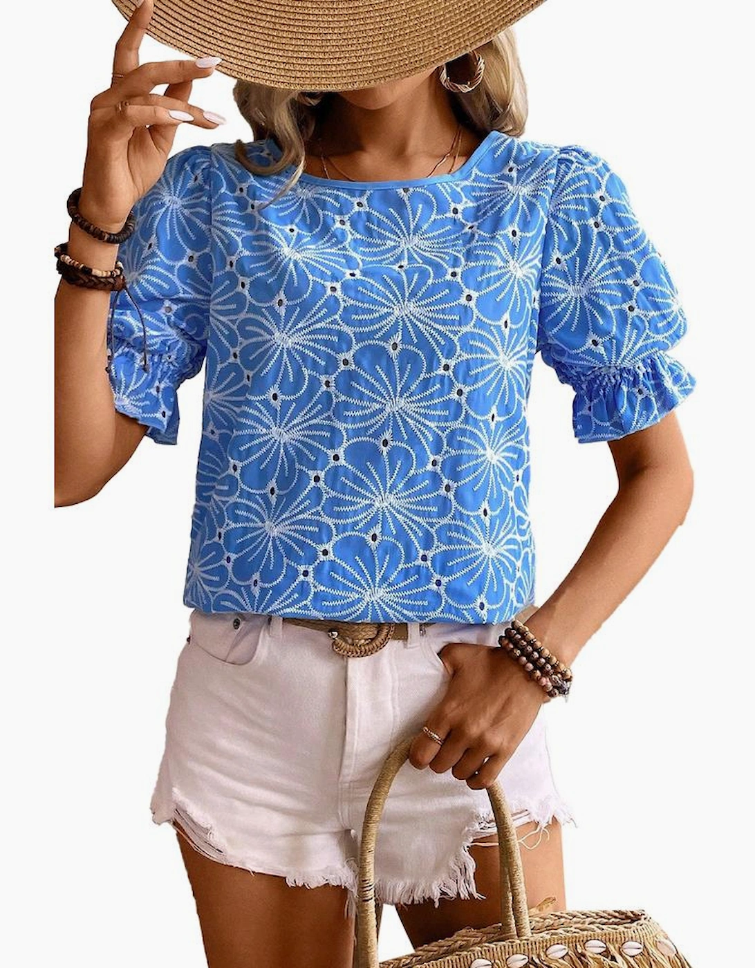 Sky Blue Eyelet Flower Embroidery Frilled Short Puff Sleeve Blouse