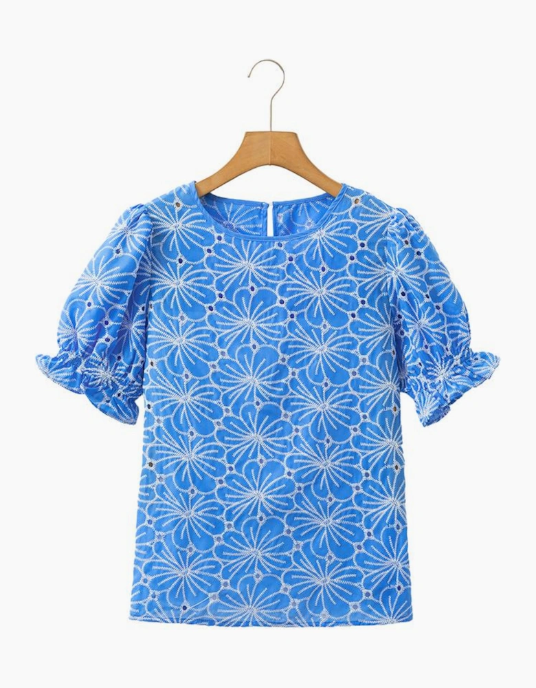 Sky Blue Eyelet Flower Embroidery Frilled Short Puff Sleeve Blouse