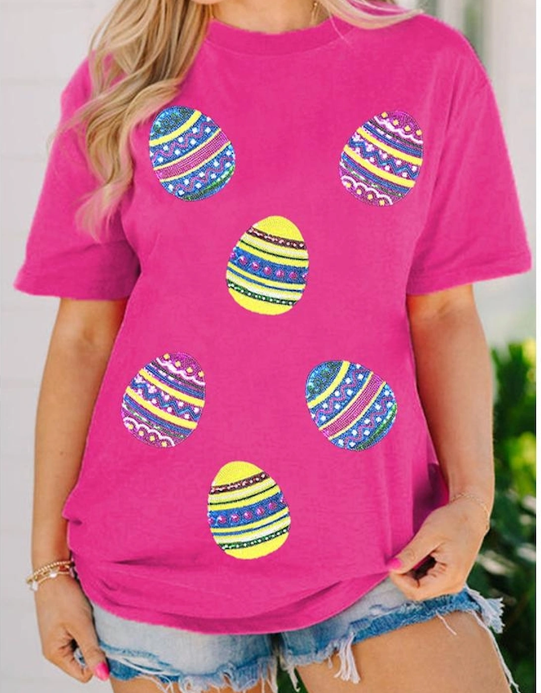 Rose Red Sequin Easter Egg Graphic Casual T Shirt