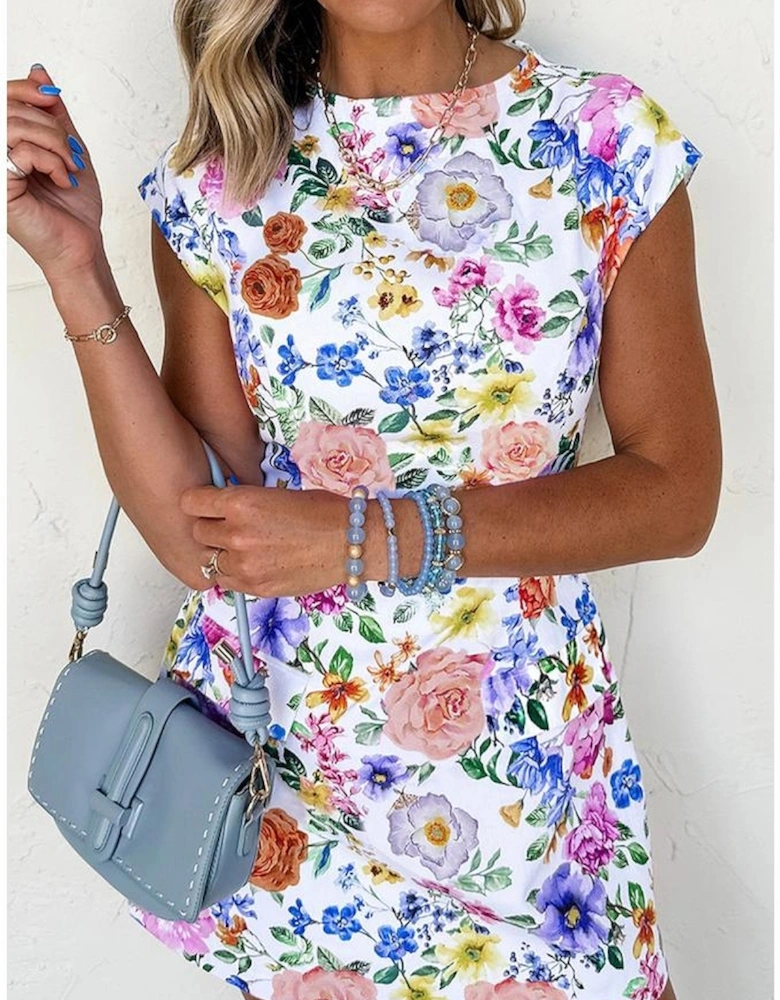 Sky Blue Vibrant Floral Print Cap Sleeve Mini Dress