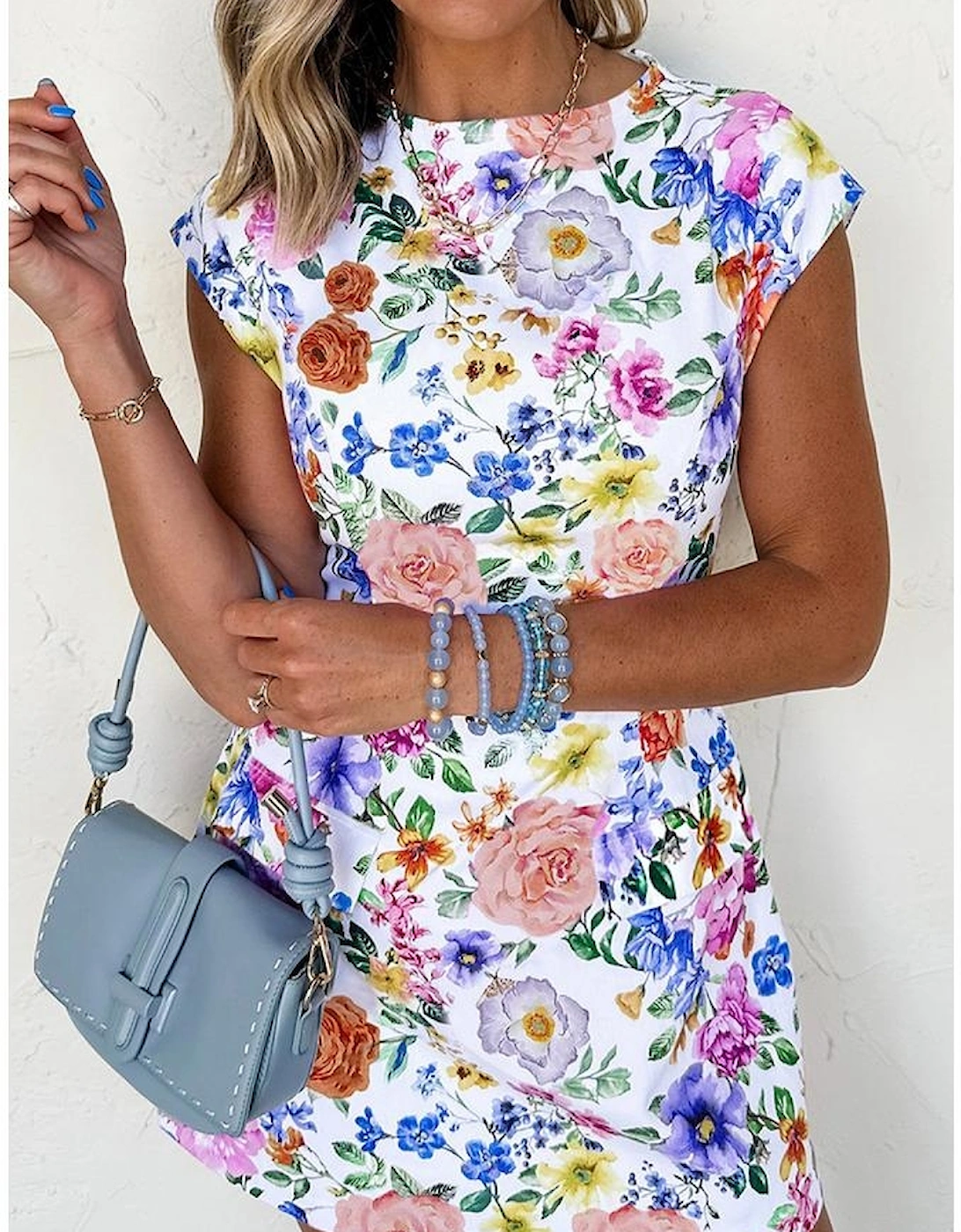 Sky Blue Vibrant Floral Print Cap Sleeve Mini Dress