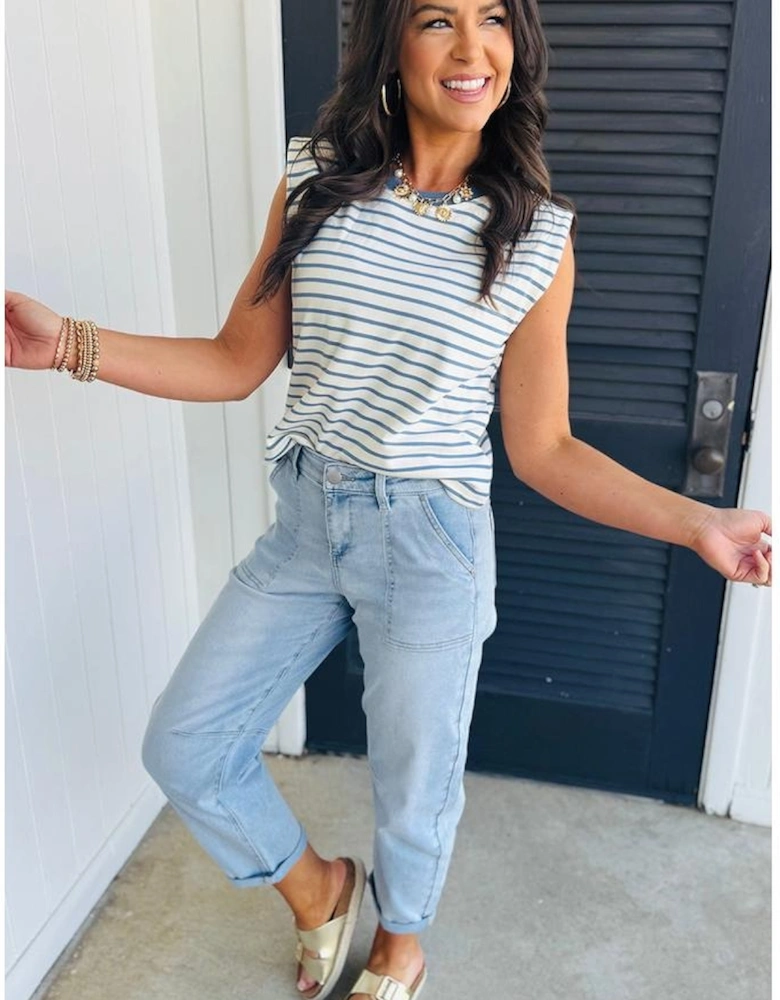 Beau Blue High Rise Barrel Relaxed Patch Pocket Jeans