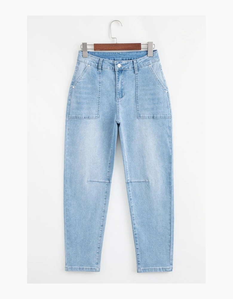 Beau Blue High Rise Barrel Relaxed Patch Pocket Jeans