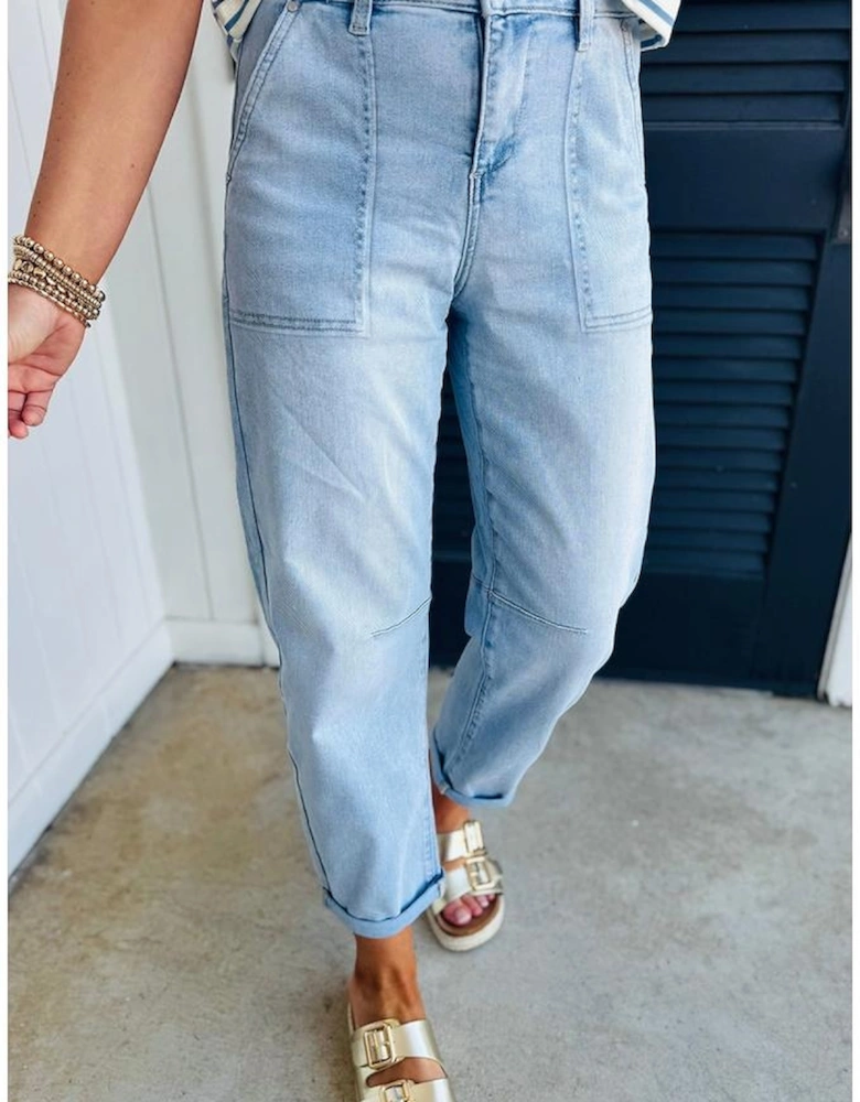 Beau Blue High Rise Barrel Relaxed Patch Pocket Jeans