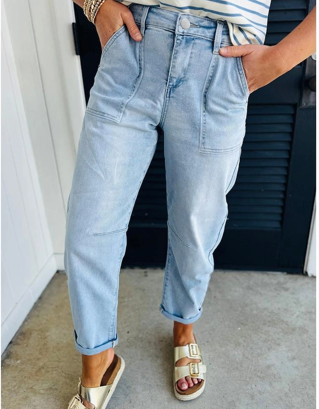 Beau Blue High Rise Barrel Relaxed Patch Pocket Jeans