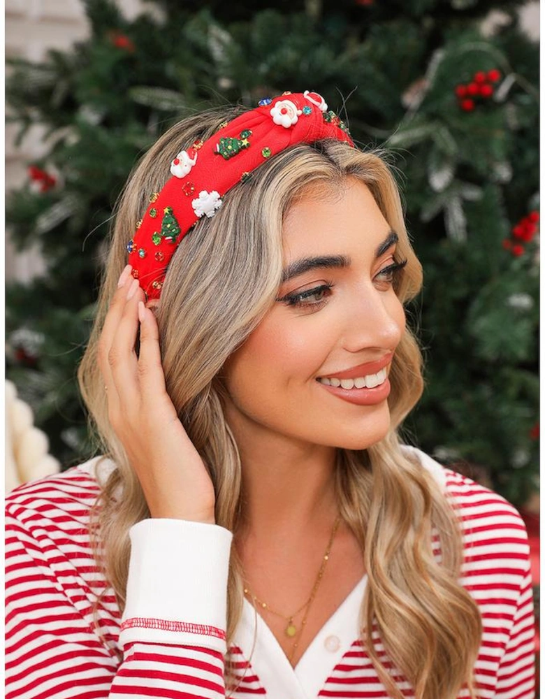 Azura Exchange Fiery Red Cartoon Christmas Pattern Rhinestone Knotted Headband