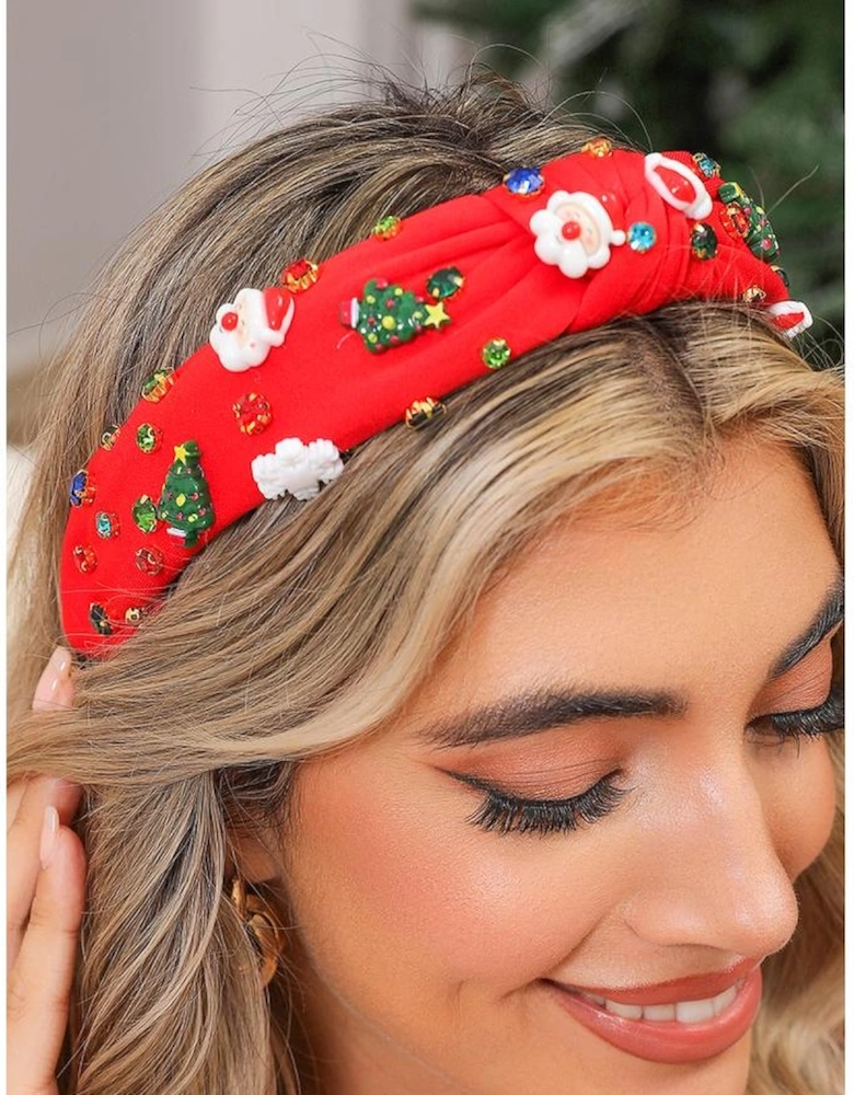 Azura Exchange Fiery Red Cartoon Christmas Pattern Rhinestone Knotted Headband